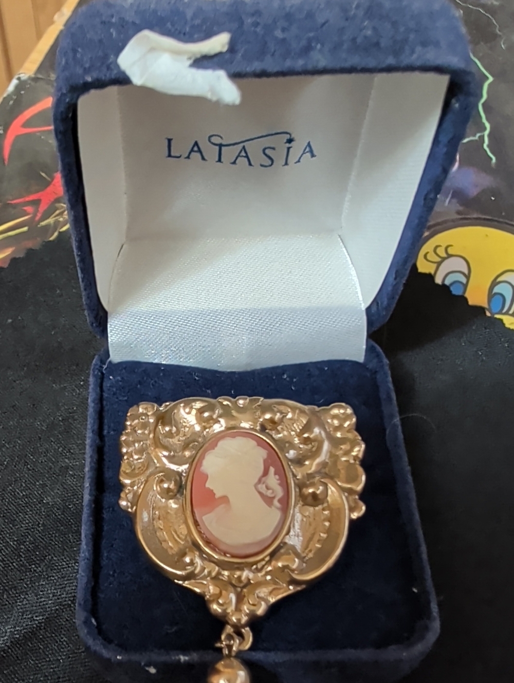 Vintage Latasia Cameo Brooch Pin with Chain Tassel & Original Box